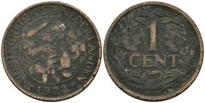 Нидерланды 1 цент 1922 Вильгельмина (1890-1948) KM 152 бронза 4576-1051