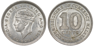 Британская Малайя 10 центов 1943 Георг VI (1937-1952) KM 4a серебро 53-254