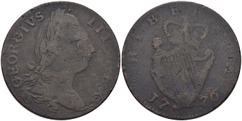 Ирландия 1/2 пенни 1776 Георг III, тип III, большая голова KM 140 медь    4680-913