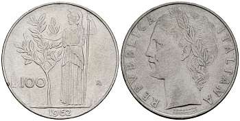 Италия 100 лир 1962 R, Афина у оливкового дерева KM 96.1 нержавеющая сталь 4137-224