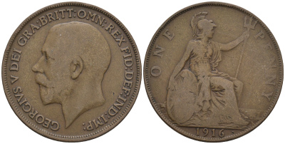 Великобритания 1 пенни 1916 Георг V (1910-1936) КМ 810, Spink 4051 бронза 4607-1214