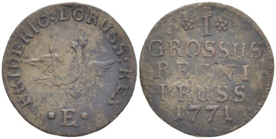 Польша, Восточная Пруссия 1 грош 1771 Е, Фридрих II Прусский (1740-1786), вес 0,71 гр., монетный двор Кенигсберг KM 10, Olding 233, v. Schrotter 1257 серебро 1517-1231