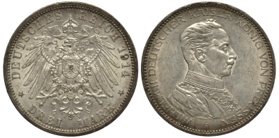 Пруссия 3 марки 1914 Вильгельм II (1888-1918) в мундире KM 538, J.113 серебро 3711-631