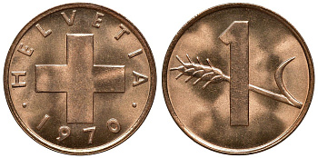 Швейцария 1 раппен 1970 KM 46 бронза UNC M63-07