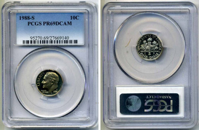 США 10 центов (дайм) 1988 S, президент Рузвельт, в слабе PCGS PR69CAM KM 195а медь плакированная медно-никелем PROOF 15-002-09