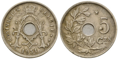 Бельгия 5 сантимов 1931 Belgique KM 66 медно-никель 4551-813