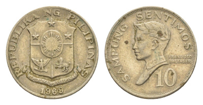 Филиппины 10 сентаво 1969 KM 198 медно-никель 4636-335