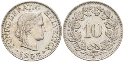 Швейцария 10 раппенов 1958 B KM 27 медно-никель     55-255