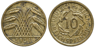 ГЕРМАНИЯ 10 РЕЙХСПФЕННИГОВ 1931 G, ВЕЙМАРСКАЯ РЕСПУБЛИКА, ЦЕНА ПО МТ 400 ЕВРО Weege 9, J. 317, KM 40 алюминиевая бронза 72-1726