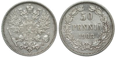 Россия для Финляндии 50 пенни 1908 L, Николай II (1894-1917) КМ 2.2, Биткин 403 серебро 75-844
