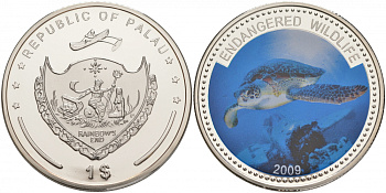 Палау 1 доллар 2009 серия вымирающие виды, морская черепаха (Eretmochelys imbricata), цветная эмаль KM 284 медно-никель PROOF 1081-1-34