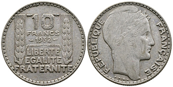 Франция 10 франков 1932 Пьер Тюрен KM 878, Le Franc 360.5 серебро 4683-1042