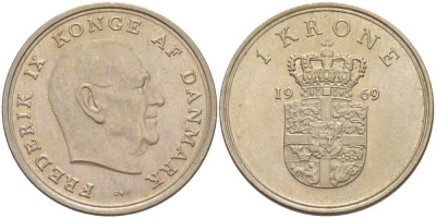 ДАНИЯ 1 КРОНА 1969 C;S, ФРЕДЕРИК IX (1947-1972) KM 851.1 медно-никель 202-821