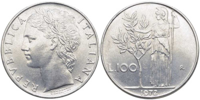 ИТАЛИЯ 100 ЛИР 1972 R, АФИНА KM 96.1 нержавеющая сталь 109-1144