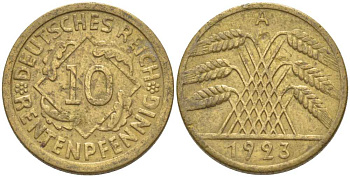 ГЕРМАНИЯ 10 РЕПНТЕНПФЕННИГОВ 1923 А KM 33, J. 309 алюминиевая бронза 210-724