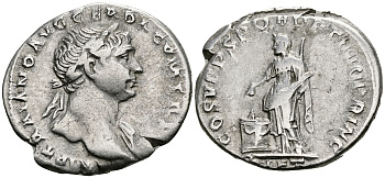 Римская Империя денарий 103 - 111 Траян COS V PP SPQR OPTIMO PRINC PIET Пиетата, персонификация Благочестия Рим Very fine RIC 104 серебро 1073-4-13