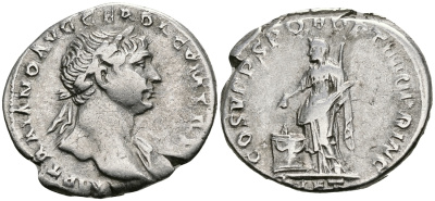 Римская Империя денарий 103 - 111 Траян COS V PP SPQR OPTIMO PRINC PIET Пиетата, персонификация Благочестия Рим Very fine RIC 104 серебро 1073-4-13