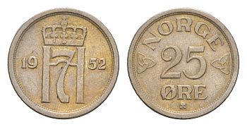 Норвегия 25 эре 1952 Хокон VII (1905-1957) KM 401 медно-никель 4658-129