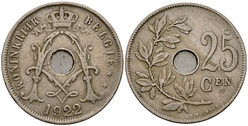 Бельгия 25 сантимов 1922 Belgie, Альберт I (1909-1934) KM 69 медно-никель 33-1137