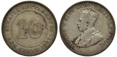 Стрейтс-Сетлментс 10 центов 1927 Георг V (1910-1936) КМ 29b серебро 53-621