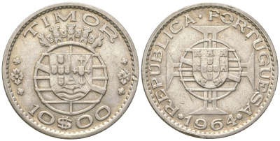 Португальский Тимор 10 эскудо 1964 год тип KM 16 серебро 4187-325