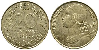 Франция 20 сантимов 1997 тип Марианна KM 930 медь алюминий никель 3461-254