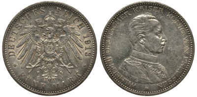 Пруссия 5 марок 1913 Вильгельм II в мундире KM 536, J.114 серебро 3711-423