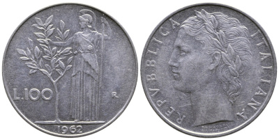 Италия 100 лир 1962 R, Афина у оливкового дерева KM 96.1 нержавеющая сталь 4112-442