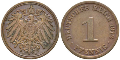 ГЕРМАНИЯ 1 ПФЕННИГ 1913 A KM 10, J. 10, Weege 2 медь 206-424
