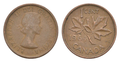 Канада 1 цент 1964 Елизавета II (1952-2022), кленовый лист KM 49 бронза 4630-541