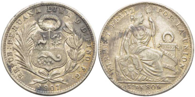 ПЕРУ 1/5 СОЛЯ 1907 FG, LIMA KM 205.2 серебро 5010-1024
