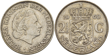 Нидерланды 2 1/2 гульдена 1960 Юлиана (1948-1980) KM 185 серебро 4683-512