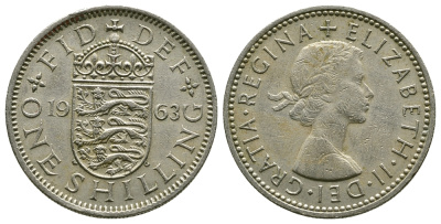 Великобритания 1 шиллинг 1963 Елизавета II (1952-2022), Английский герб KM 904, Spink 4147 медно-никель 4384-514