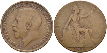 Великобритания 1 пенни 1912 Георг V (1910-1936) KM 810, Spink 4051 бронза 3460-722