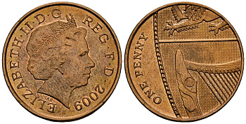 Великобритания 1 пенни 2009 Елизавета II (1952-2022) KM 1107, Spink B6 сталь плакированная медью 4176-646