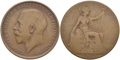 Великобритания 1 пенни 1912 Георг V (1910-1936) KM 810, Spink 4051 бронза 3460-722