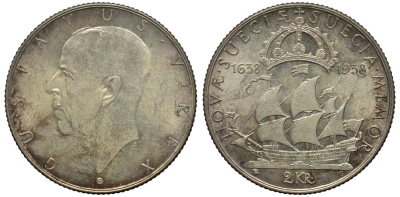 Швеция 2 кроны 1938 G, Густав V (1907-1950), 300 лет шведским поселениям в Делавере KM 807 серебро 3460-835