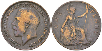 Великобритания 1 пенни 1913 Георг V (1910-1936) KM 810, Spink 4051 бронза 3460-1045