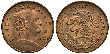Мексика 5 сентаво 1959 Жозефа Ортис де Домингес KM 426 латунь XF-UNC 3334-537