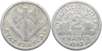 Франция 2 франка 1943 правительство Виши KM 904.1, LE FRANC 270.2 алюминий 4112-621
