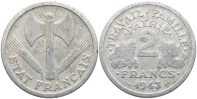 Франция 2 франка 1943 правительство Виши KM 904.1, LE FRANC 270.2 алюминий 4112-621