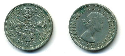 Великобритания 6 пенсов 1963 Елизавета II (1952-2022) KM 903, Spink 4149 медно-никель 61-1126