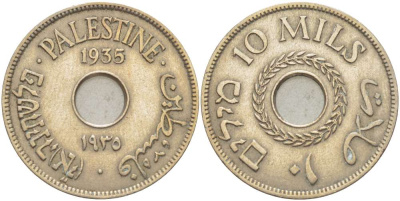 Израиль, Палестина 10 милсов 1935 Британская администрация, редкий год KM 4 медно-никель 4185-1216