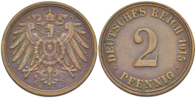 ГЕРМАНИЯ 2 ПФЕННИГА 1915 A KM 16, J. 11, Weege 4 медь 206-654