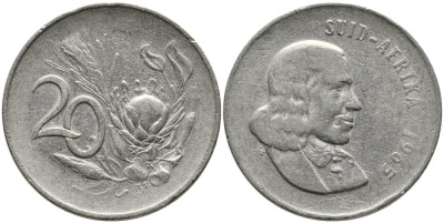 ЮАР 20 ЦЕНТОВ 1965 SUID AFRIKA, ЯН ВАН РИБЕК (1619-1677), ГОЛАНДСКИЙ ИССЛЕДОВАТЕЛЬ , МОРЕПЛАВАТЕЛЬ, ОСНОВАТЕЛЬ Г. КЕЙПТАУНА, ЦВЕТОК ПРОТЕЯ, АФРИКАНСКАЯ ЛЕГЕНДА KM 69.2 никель 3336-1237