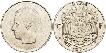 БЕЛЬГИЯ 10 ФРАНКОВ 1974 BELGIE, БОДУЭН I (1951-1993) KM 156.1 никель 38-634