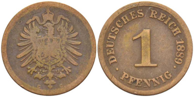 ГЕРМАНИЯ 1 ПФЕННИГ 1889 G, СТАРОГЕРБОВКА KM 1, J. 1, Weege 1 медь 206-1266