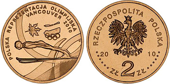 Польша 2 злотых 2010 MW, XXI Зимние Олимпийские игры в Ванкувере 2010 года, польская сборная KM 715 нордик UNC 4676-643