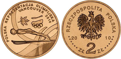 Польша 2 злотых 2010 MW, XXI Зимние Олимпийские игры в Ванкувере 2010 года, польская сборная KM 715 нордик UNC 4676-643