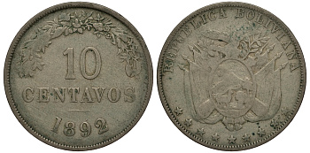 Боливия 10 сентаво 1892 H KM 172 медно-никель 272-635